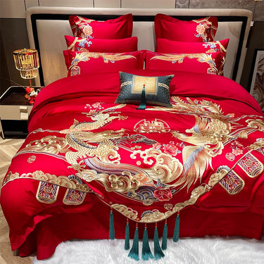 Luxury Gold Red Phoenix Wedding Wealth Duvet Cover Set, 1200TC Egyptian Cotton Bedding Set